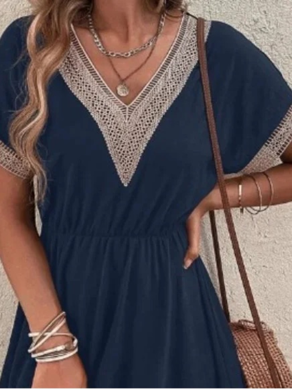 SHEIN Navy Blue V-Neck Crochet-Trim Midi Dress